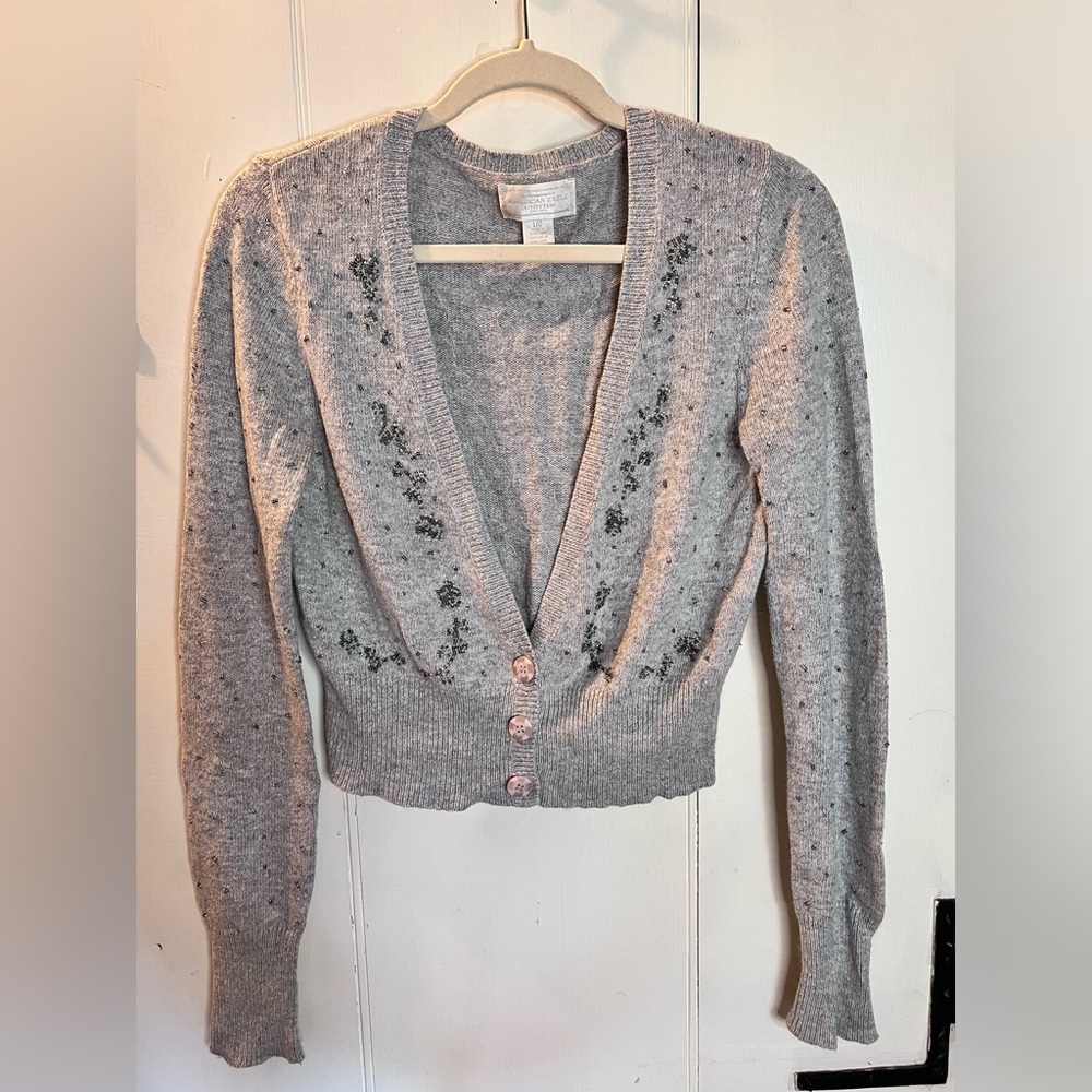 Vintage American Eagle grey cotton sweater w/ angora and silver beading. Size L.